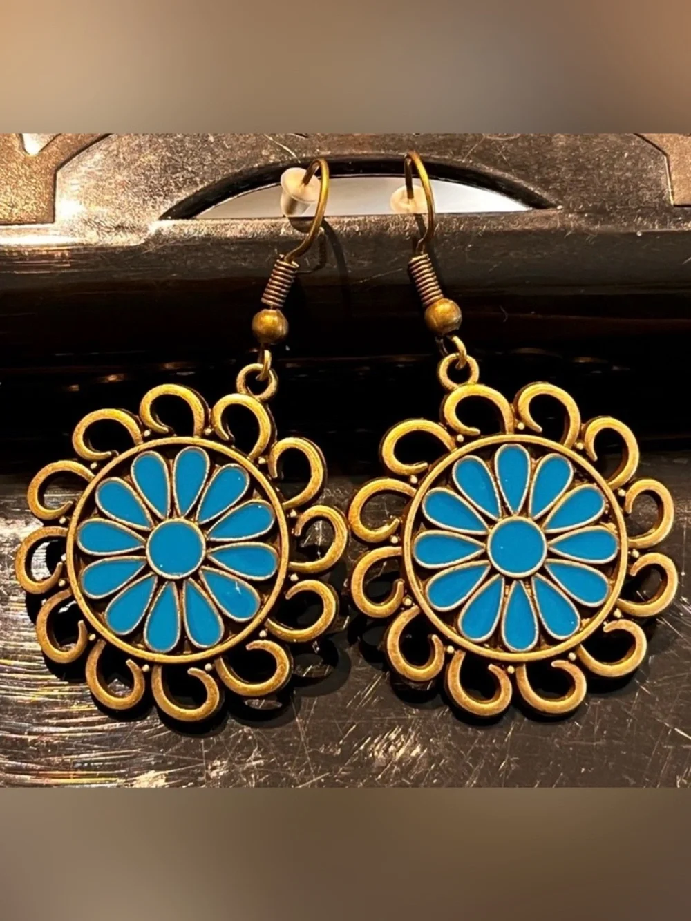 Turquoise Blue Enamel Flower Earrings Antique Gold Tone Boho